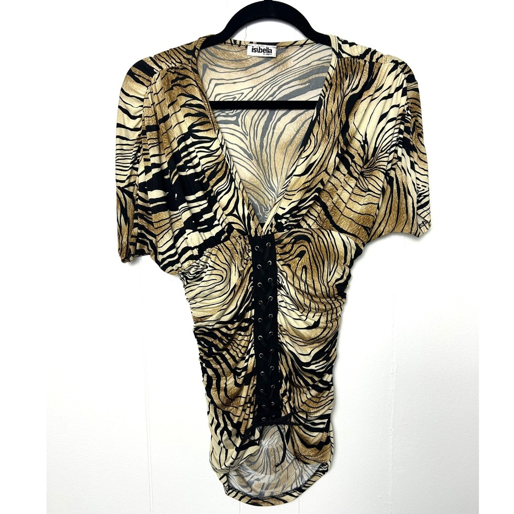 Y2K IS BELLA Top Women's M babydoll Tiger Print Ruched Lace Up safari sexy 90s